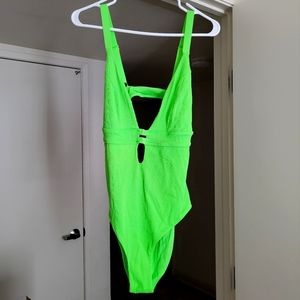 Neon Green One Piece Swimsuit EUC Size XL With Matching Sunnies